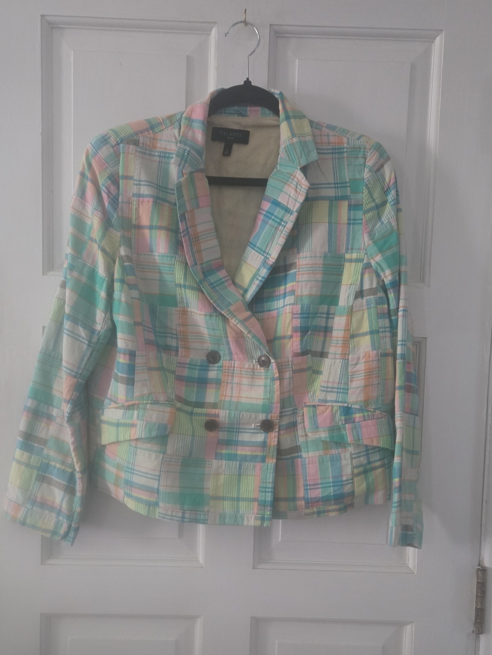 Talbots Pastel Plaid Double-Breasted Blazer - Mint, Pink, Yellow